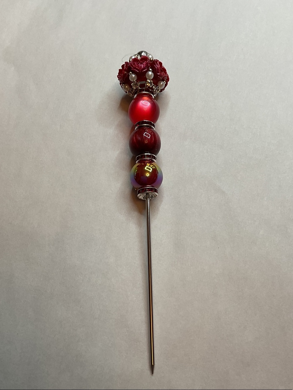 Red Beaded 6” Pokey tool with Floral and Pearl Accents